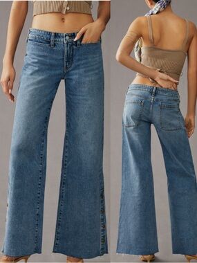 Pilcro X Anthropologie Skater Low-Rise Wide-Leg Jeans Denim Medium Blue Snap Hem